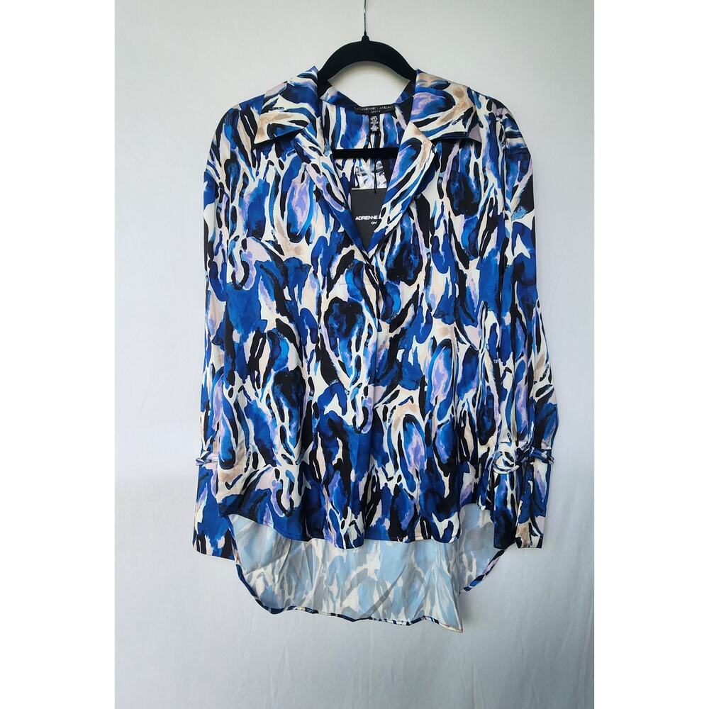 Adrienne Landau Onyx NWT Abstract Blue Print Hi-Low Blouse Tie Sleeve Top Size M